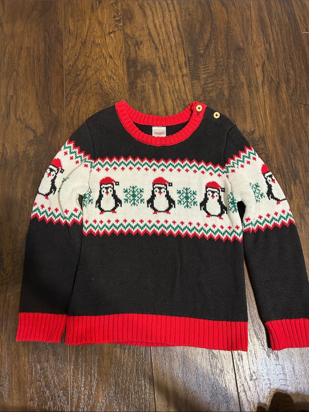 Kids Holiday Time Black, Red and White Penguin Fair Isle Crewneck Sweater